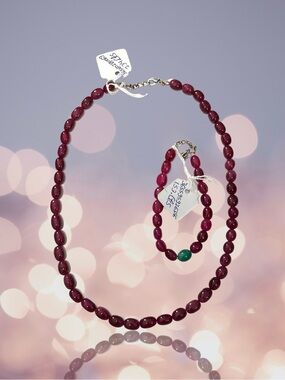 Genuine Ruby & Emerald Beaded Necklace & Bracelet Set, Artisan, from India.